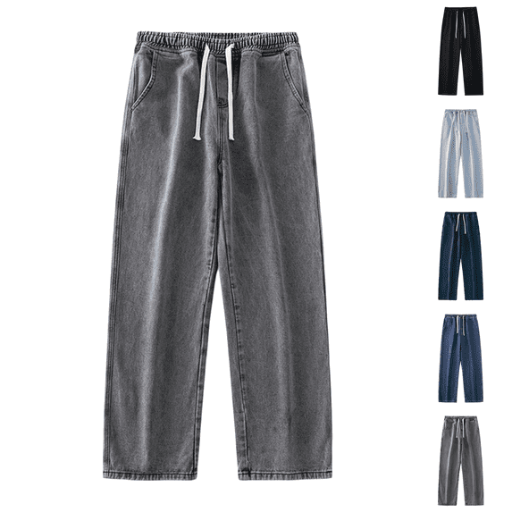 Men's Regular Fit Straight Leg Baggy Jeans Drawstring Elastic Waist Loose Fit Y2K Denim Pants with Pockets Gray 3XL