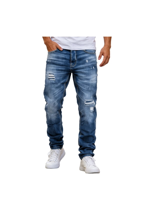 Men's Regular Fit Straight Leg Ripped Jeans - High Stretch Cotton Fashion Comfort Flex Waist Denim Pants Blue