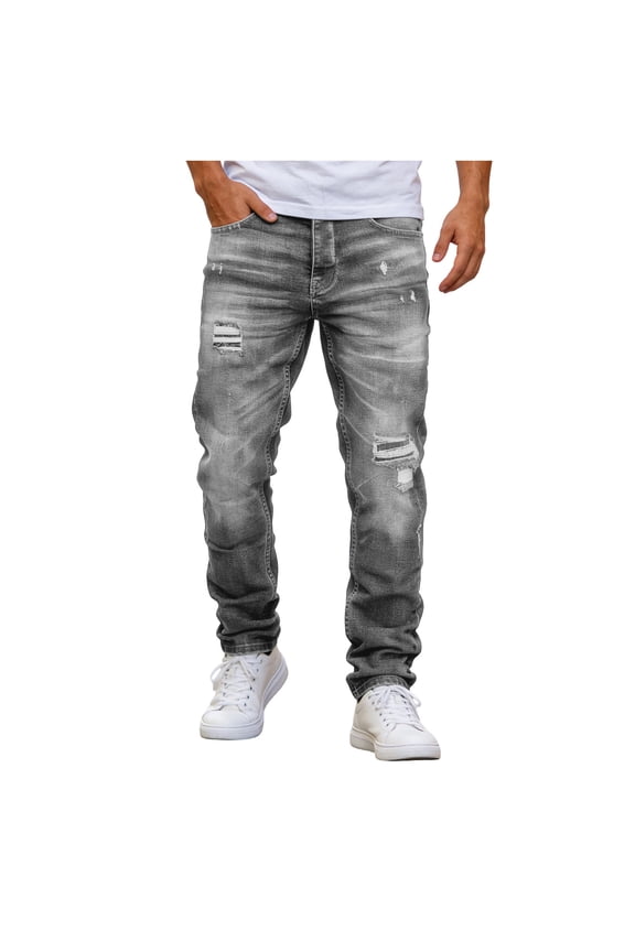 Men's Regular Fit Straight Leg Ripped Jeans - High Stretch Cotton Fashion Comfort Flex Waist Denim Pants Gray