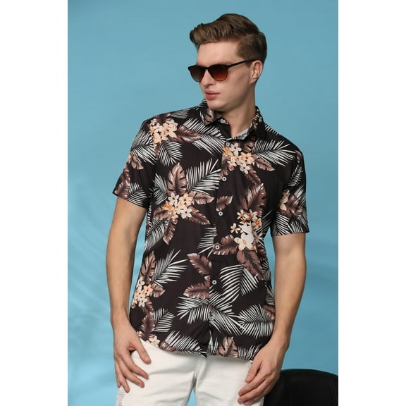 Men's Regular Fit Tropical Print Shirt Short Sleeve Button-Down Casual Wear (MS1_Black_M)