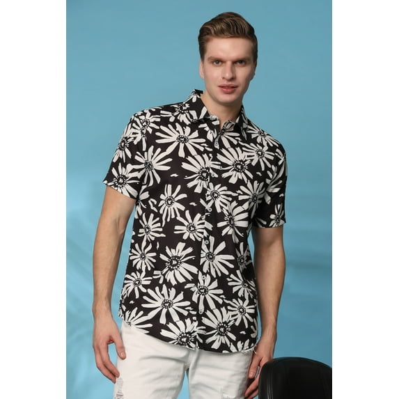 Men's Regular Fit Tropical Print Shirt Short Sleeve Button-Down Casual Wear (MS1_Black White_L)