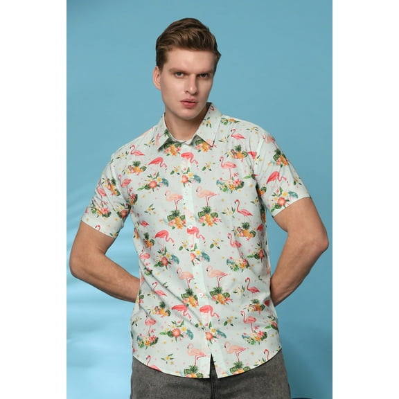 Men's Regular Fit Tropical Print Shirt Short Sleeve Button-Down Casual Wear (MS1_Green Pink_L)