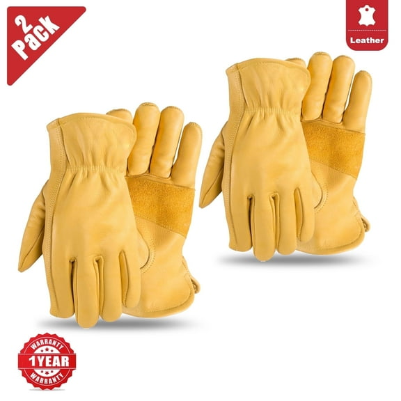 Men's Reinforced Cowhide Leather Work Gloves with Palm Patch, XL, Waterproof (2 Pairs)
