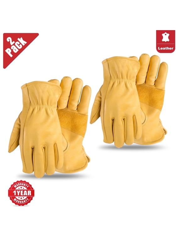 Men's Reinforced Cowhide Leather Work Gloves with Palm Patch, XL, Waterproof (2 Pairs)