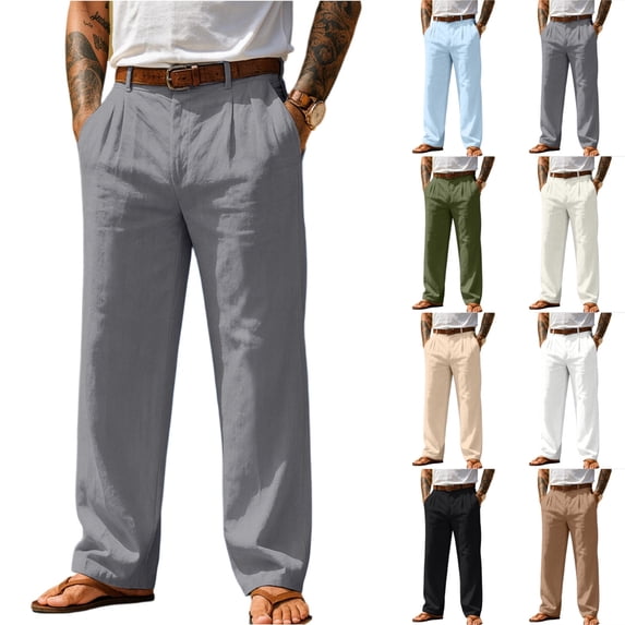 Men's Relaxed Dress Pants Cotton Linen Pleated Lightweight Summer Straight Leg Beach Trousers Casual Slacks Vacation Bottoms, Gray S