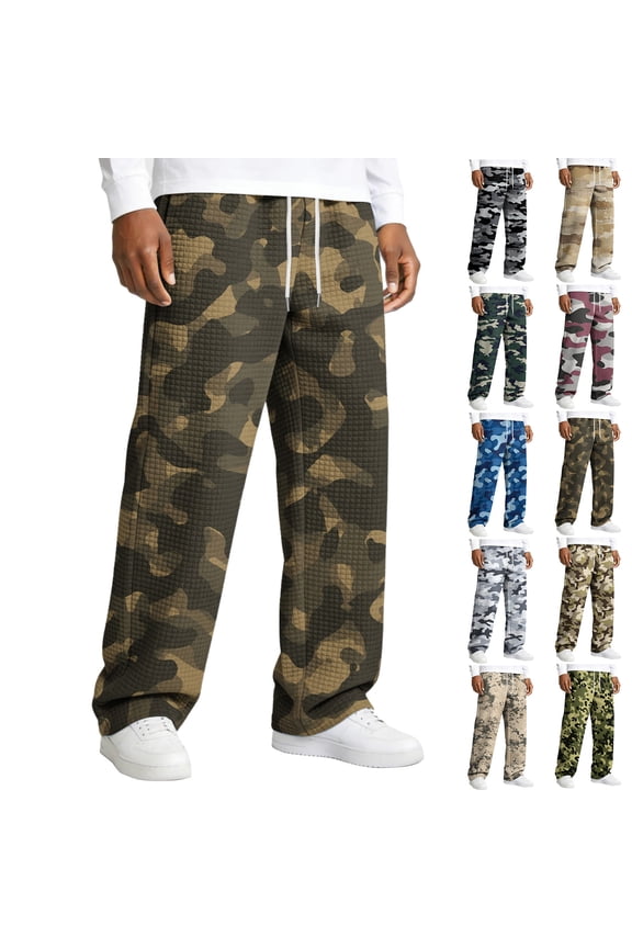 Men's Relaxed-Fit Camouflage Print Drawstring Straight-Leg Pants - Stretch Waist Casual Trousers for Outdoor, Casual, and Military-Inspired WearArmy GreenL