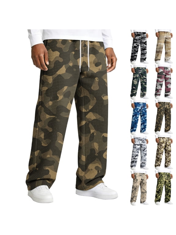 Men's Relaxed-Fit Camouflage Print Drawstring Straight-Leg Pants - Stretch Waist Casual Trousers for Outdoor, Casual, and Military-Inspired WearDark Gray3XL