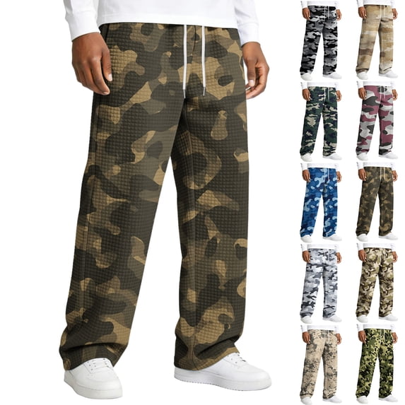 Men's Relaxed-Fit Camouflage Print Drawstring Straight-Leg Pants - Stretch Waist Casual Trousers for Outdoor, Casual, and Military-Inspired WearEarthy YellowS