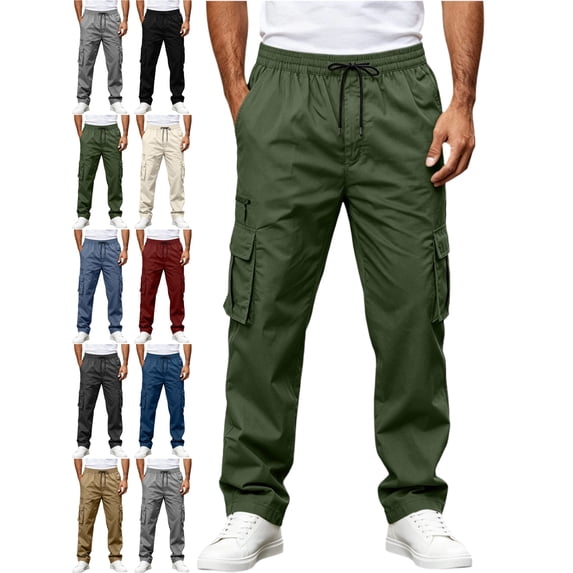 Men's Relaxed Fit Cargo Pants Straight Leg Elastic Waist Drawstring Multi Pocket Durable Spring Fall Pants
