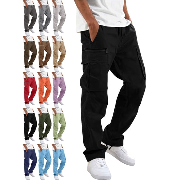 Men's Relaxed Fit Cargo Pants Straight Leg Elastic Waist Drawstring Multiple Pockets Durable Spring Fall Pants
