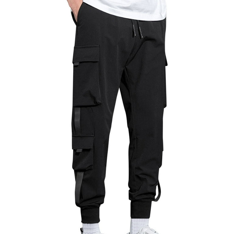 Men's Relaxed Fit Cargo Pants with Stretch, Big Waist, Solid Black