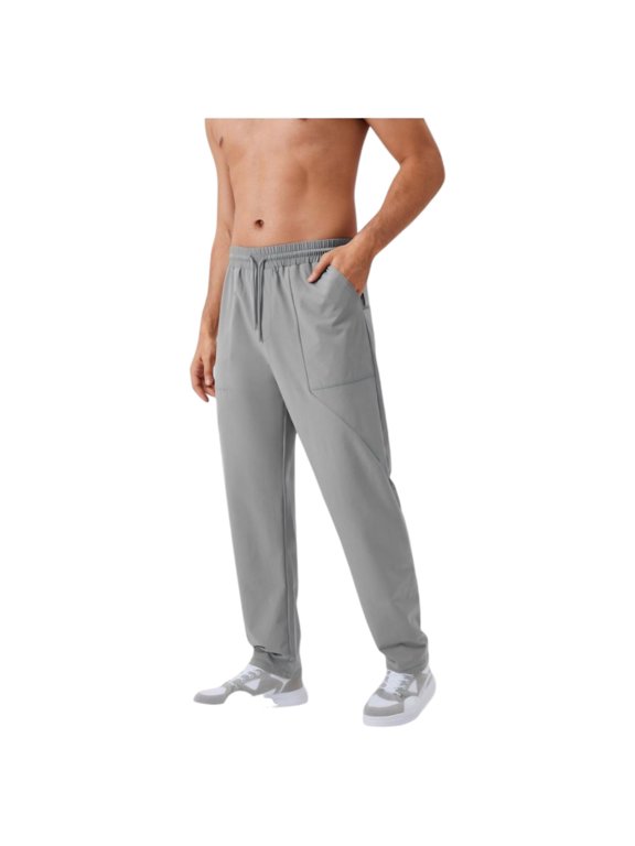 Men's Relaxed Fit Drawstring Pants with Patch Pockets and Elastic Waistband for Casual Wear - Large, Gray