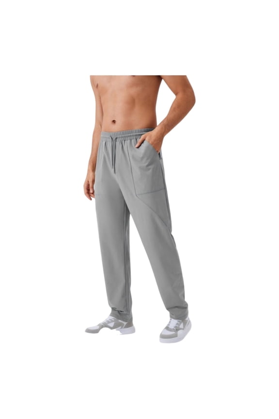Men's Relaxed Fit Drawstring Pants with Patch Pockets and Elastic Waistband for Casual Wear - Medium, Gray