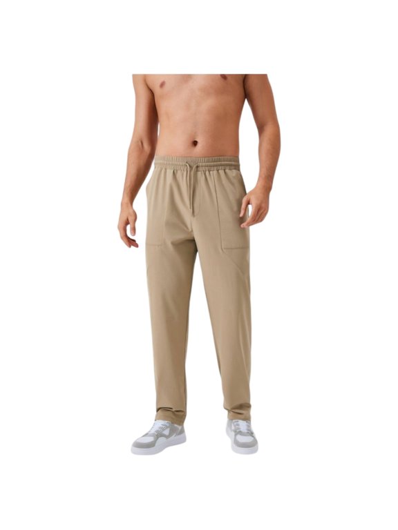 Men's Relaxed Fit Drawstring Pants with Patch Pockets and Elastic Waistband for Casual Wear - X Large, Beige