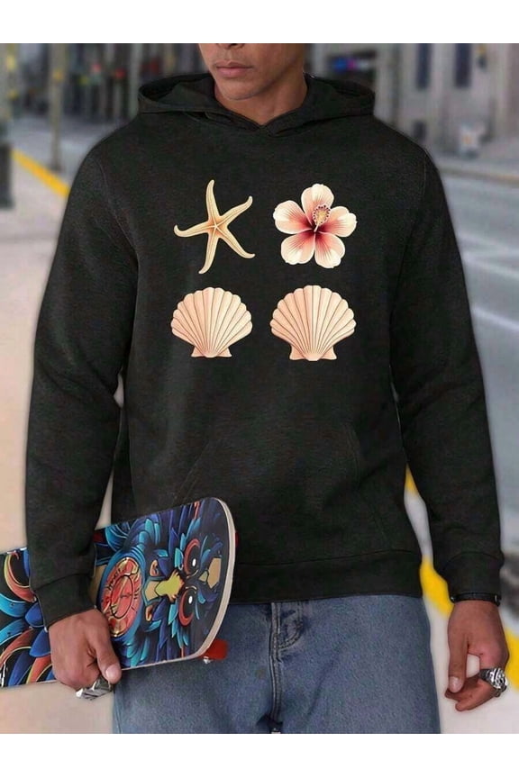 Men's Relaxed Fit Hooded Sweatshirt - Tropical Beach Print With Starfish, Hibiscus & Scallop Shells, Black Casual Pullover, Machine Washable, Vacation Clothing, Coastal Fashion, Comfortable Fabric, P
