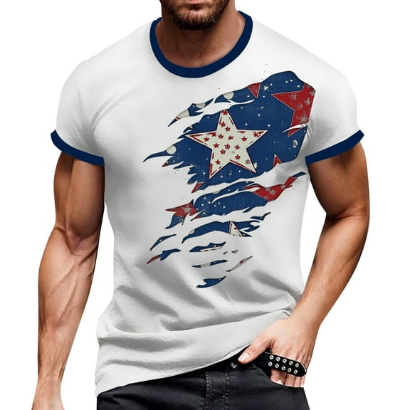 Men's Relaxed Fit Independence Day T-Shirt, Moisture-Management Fabric with Retro All-Over Print for Daily Style ,Dark Blue XL