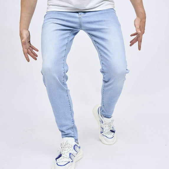 Men's Relaxed Fit Jeans Light Blue Jeans Zipper Wash Elastic Trend Outdoors Trousers Denim Pants for Men Light Blue2 2XL
