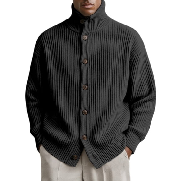 Men's Relaxed Fit Knitted Cardigan - Solid Color High-Neck Thick-Knit Striped Long-Sleeve Button Coat, Casual Warm Outerwear, Black, L