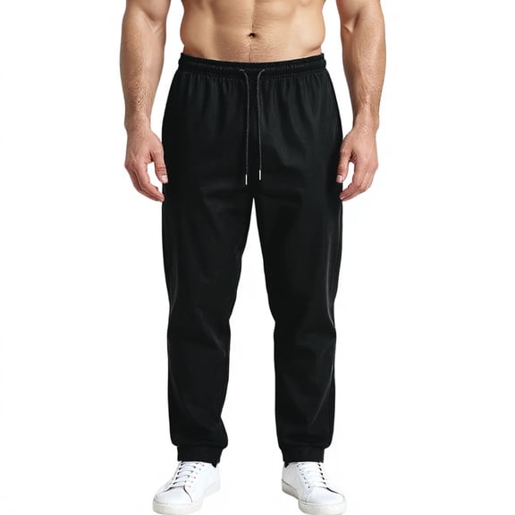 Men's Relaxed Fit Pants - Drawstring Waist for Casual Leisure & Everyday Wear Black L