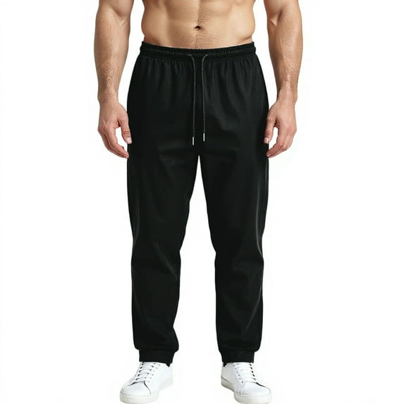 Men's Relaxed Fit Pants - Drawstring Waist for Casual Leisure & Everyday Wear Black M