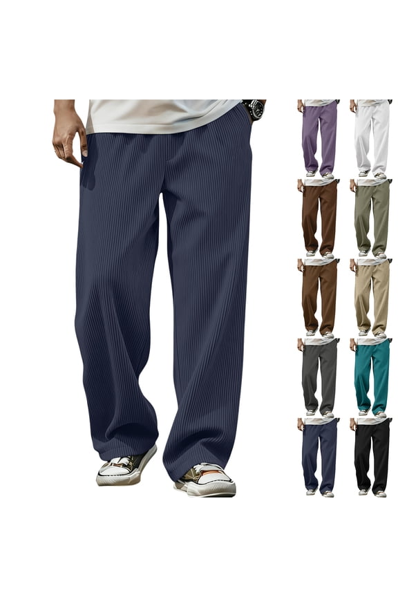 Men's Relaxed-Fit Ribbed Stretch Waist Straight-Leg Pants - Casual Comfortable Trousers for Everyday Wear and Leisure ActivitiesArmy Green2XL