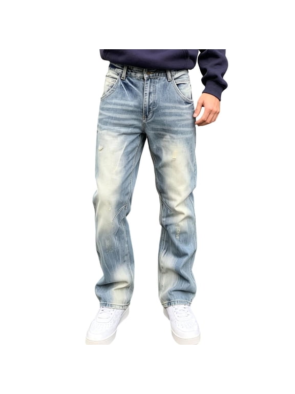 Men's Relaxed Fit Stretch Jeans Ripped Baggy Jeans for Men, Fashion Washed Distressed Straight Leg Comfort Flex Waist Pants Blue-A