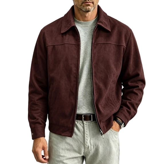 Men's Relaxed Fit Zip Up Jacket Lapel Collar Smooth Textured Coat with Pockets Fully Lined Casual Spring Fall Outfits Outerwear