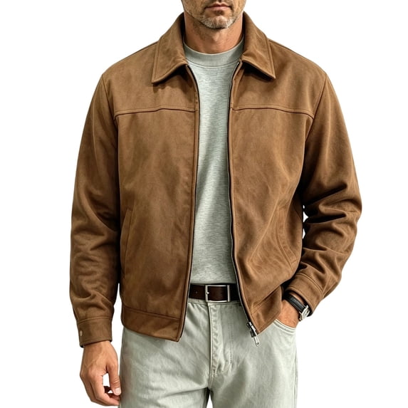 Men's Relaxed Fit Zip Up Jacket Lapel Collar Smooth Textured Coat with Pockets Fully Lined Casual Spring Fall Outfits Outerwear