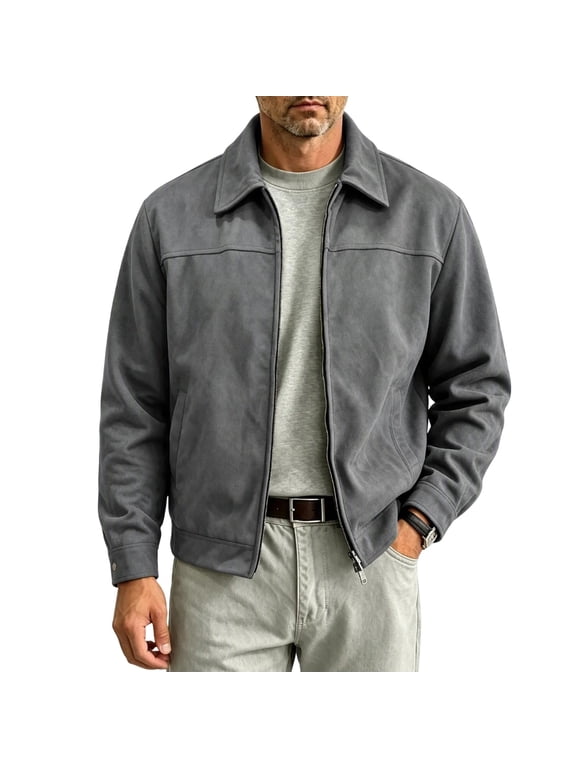 Men's Relaxed Fit Zip Up Jacket Lapel Collar Smooth Textured Coat with Pockets Fully Lined Casual Spring Fall Outfits Outerwear