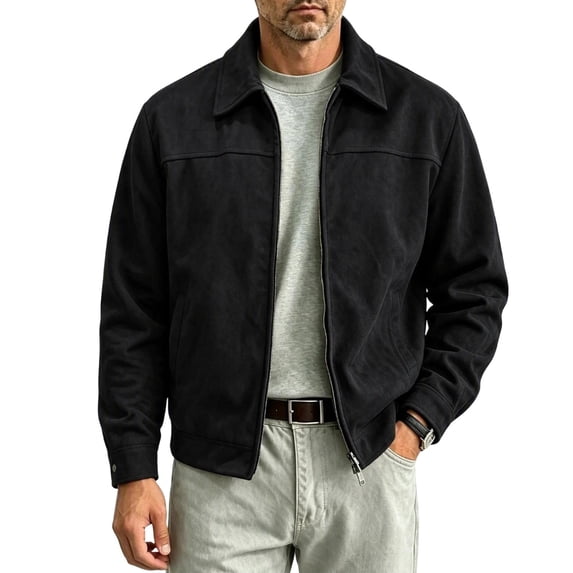 Men's Relaxed Fit Zip Up Jacket Lapel Collar Smooth Textured Coat with Pockets Fully Lined Casual Spring Fall Outfits Outerwear