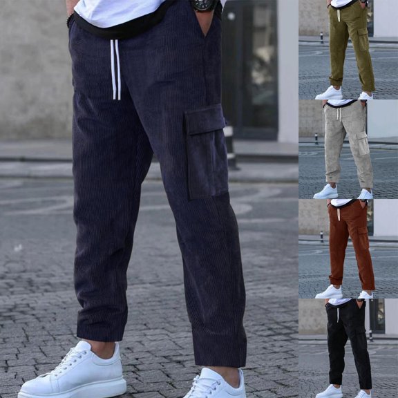 Men's Relaxed Joggers Sweatpants Corduroy Solid-Color Elastic Waist Comfortable Fit Plus Size Trousers Black S-3XL