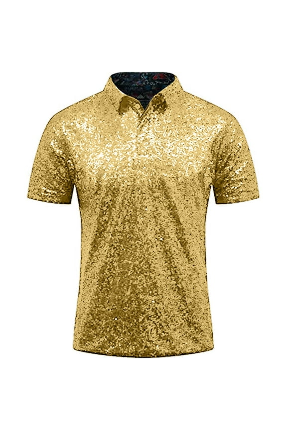 Men's Relaxed Short Sleeve Turndown Sparkles Sequins Polos Shirts 70s Disco Nightclub Party T Shirts
