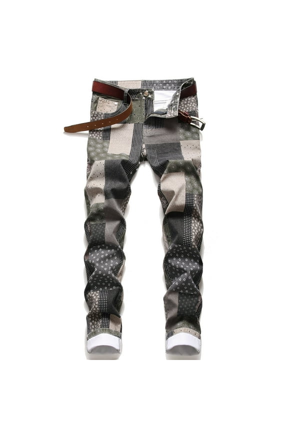 Men's Relaxed Straight Jeans New Style Patchwork Plaid Straight Colorful Slim Stretch Denim Pants Versatile Commuting Pants