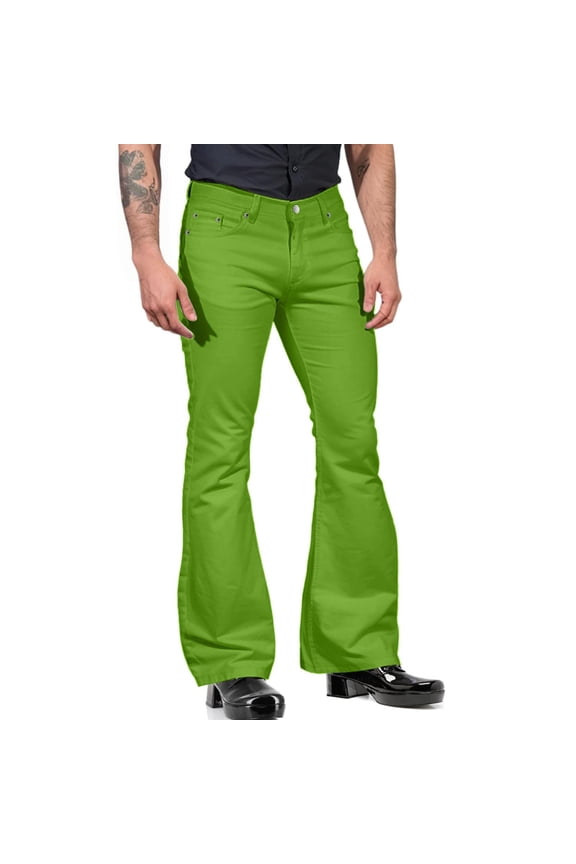 Men's Relaxed Vintage 70s Bell Bottom Stretch Fit Classic Flared Jeans - Comfortable Retro Denim Trousers for Casual Wear,Green,L