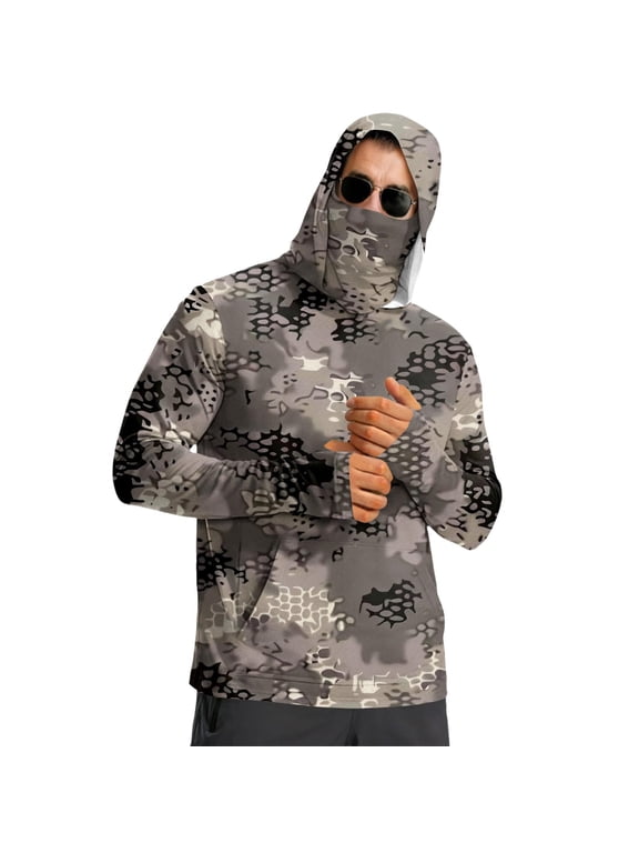 Men's Reliable UPF 50+ Sun Skin Jacket Regular Fit Printed Hooded Long Sleeve with Face Gaiter UV Protection Lightweight Soft Summer Casual Top Camouflage 3XL