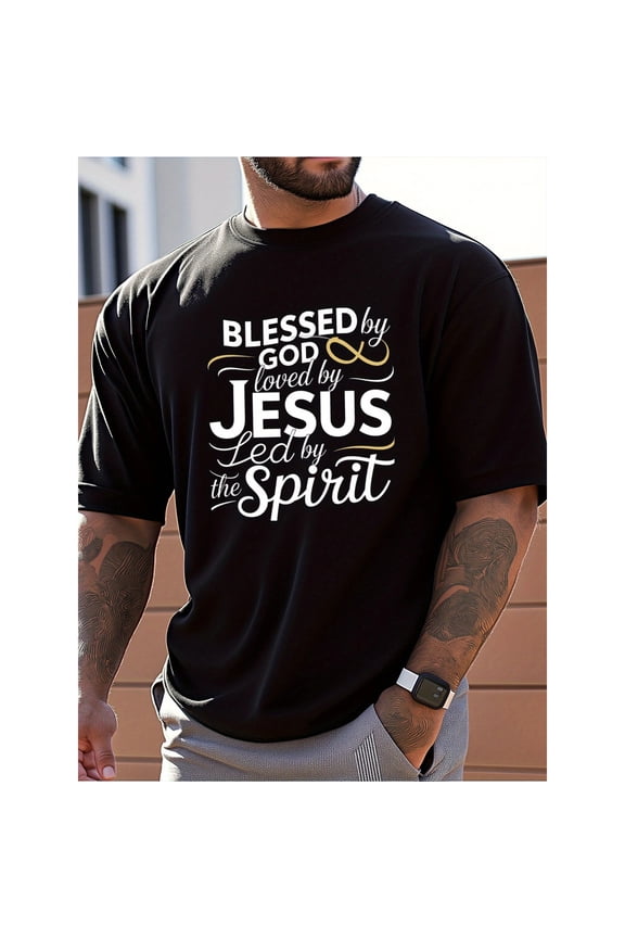 Men's Religious Faith T-Shirt - "Blessed by God, Loved by Jesus, LED by the Spir