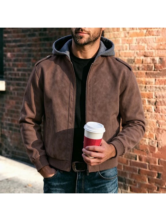 Men's Removable Hooded Suede Bomber Jacket Shoulder Strap Design Full Zip Casual Coat