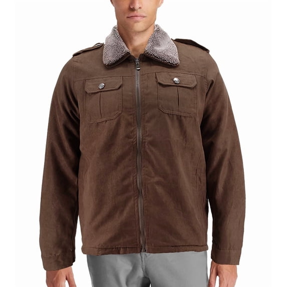 Men’s Removable Sherpa Collar Classic Full Zipper Microsuede Trucker Jacket (Dark Brown, M)