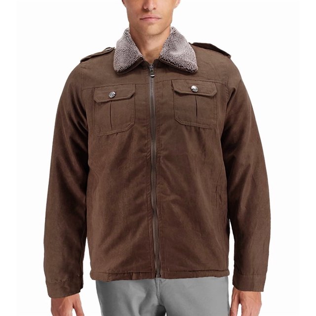 Men’s Removable Sherpa Collar Classic Full Zipper Microsuede Trucker Jacket (Dark Brown, M)