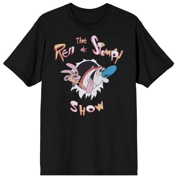 Men's Ren & Stimpy Cartoon Title Black Short Sleeve Graphic Tee Shirt-XL