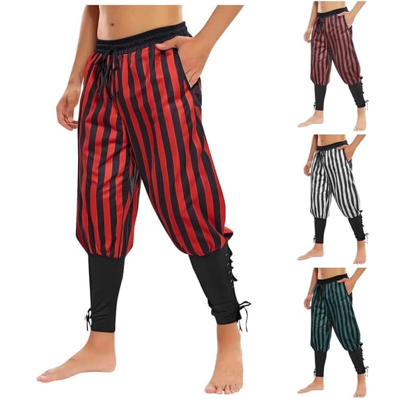 Men's Renaissance Ankle Banded Pants, Medieval Viking Pirate Costumes Halloween Cosplay Striped Trousers