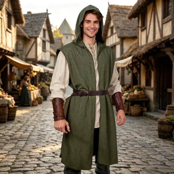 Men's Renaissance Costume, Hooded Sleeveless Medieval Tunic with Belt for Viking, Rogue and LARP Role Play, Halloween Party Outfit, Green, Size S
