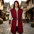 thumbnail image 1 of Men's Renaissance Costume, Hooded Sleeveless Medieval Tunic with Belt for Viking, Rogue and LARP Role Play, Halloween Party Outfit, Wine Red, Size L, 1 of 9