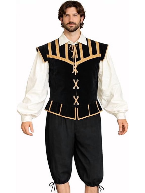 Men’s Renaissance Doublet Costume Set – 3-Piece Medieval Outfit with Lace-Up Doublet, Breeches & Ivory Poet Shirt, Ren Faire, LARP, Pirate, Shakespeare Costume - Medium, Black