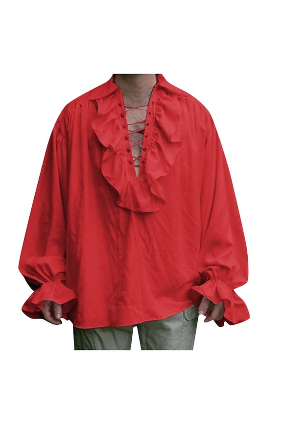 Men's Renaissance Gothic Lace-Up Shirt With Ruffled Collar And Cuffs Medieval Pirate Style Loose Fit Long Sleeve Blouse Victorian Vampire Poet Shirts For Themed Parties Trendy 2026 Clothes