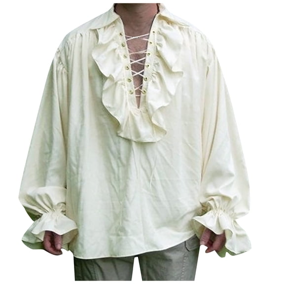 Men's Renaissance Gothic Lace-Up Shirt With Ruffled Collar And Cuffs Medieval Pirate Style Loose Fit Long Sleeve Blouse Victorian Vampire Poet Shirts For Themed Parties Trendy 2026 Clothes