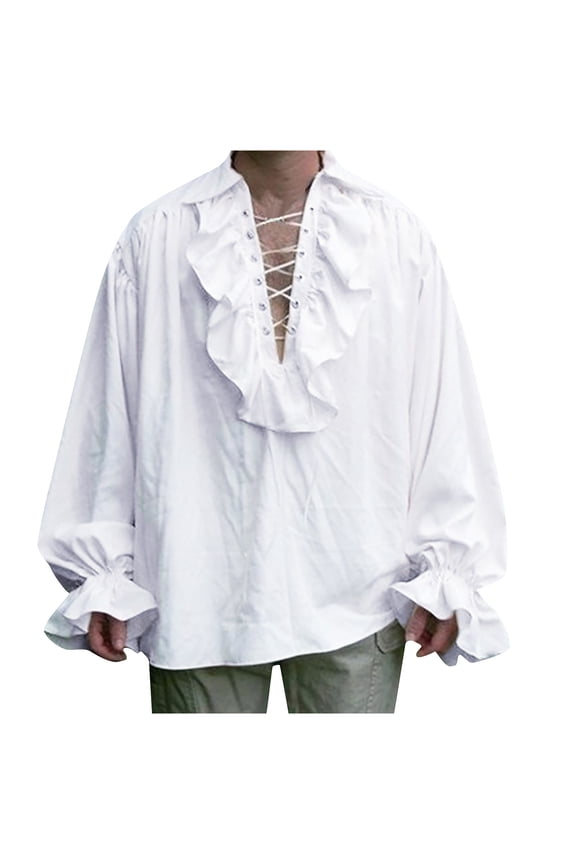 Men's Renaissance Gothic Lace-Up Shirt With Ruffled Collar And Cuffs Medieval Pirate Style Loose Fit Long Sleeve Blouse Victorian Vampire Poet Shirts For Themed Parties Trendy 2026 Clothes
