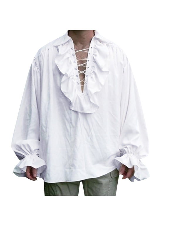 Men's Renaissance Gothic Lace-Up Shirt With Ruffled Collar And Cuffs Medieval Pirate Style Loose Fit Long Sleeve Blouse Victorian Vampire Poet Shirts For Themed Parties Trendy 2026 Clothes