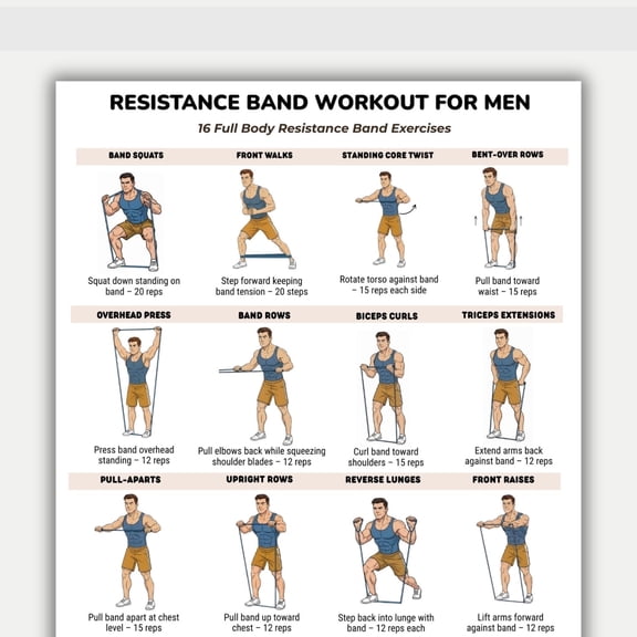 Men's Resistance Band Training Can Be Printed, Full Body Resistance Band Training Table, Home Training Poster, Strength Training Can Be Printed