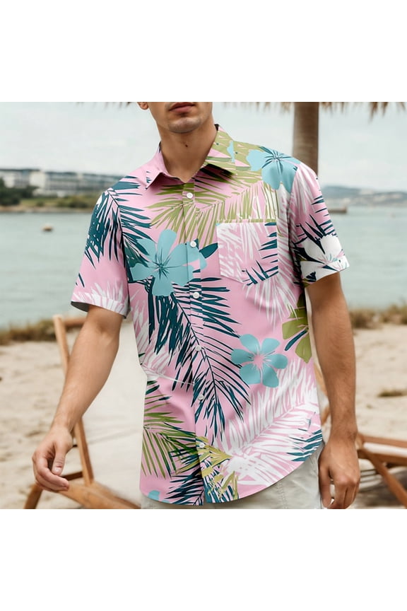 Men's Resort Wear Hawaiian Shirts Short Sleeve Tropical Button Down Floral Print Luxury Vacation Hotel Poolside Tops 2026 Pink L